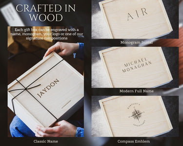 Wooden gift box with engraved names and monograms, featuring branding text.