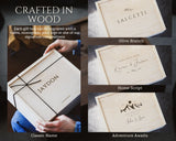 Wooden gift box with branding and customization options displayed.