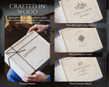 Wooden gift boxes with custom engraved names and designs