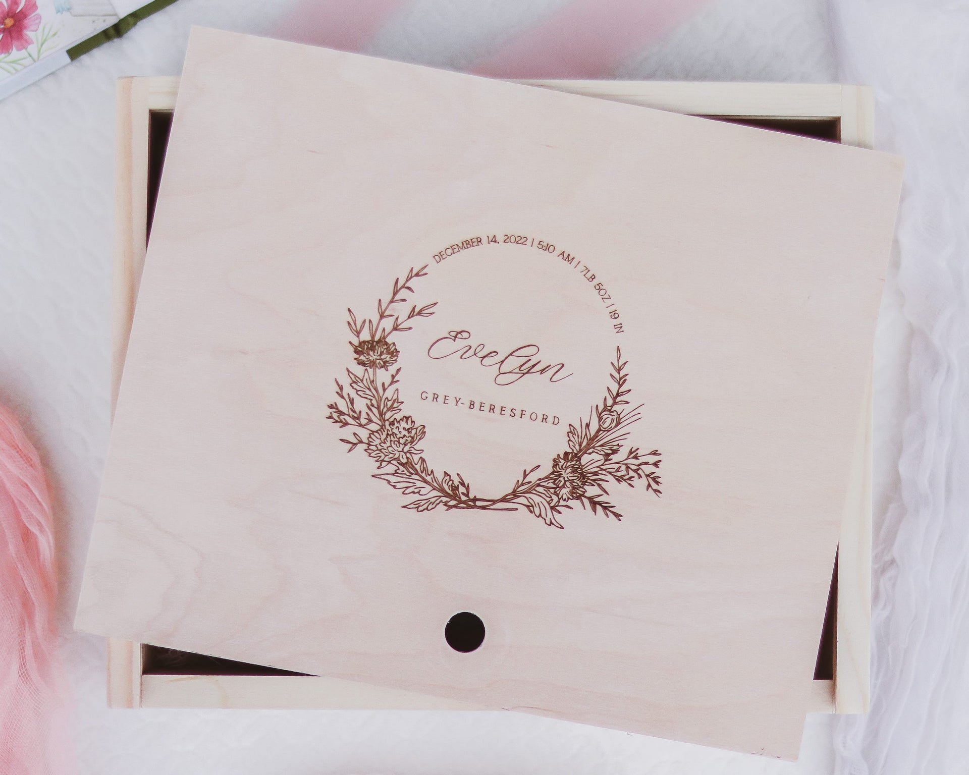 Baby Keepsake Box - Flower Wreath With Text